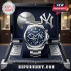 New York Yankees stainless steel chronograph watch with blue dial and diamond markers in a branded wooden collector box.!