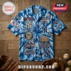 New York Yankees Tie Dye Hawaiian Shirt featuring team logos, stadium graphics, and World Series patches on blue fabric.