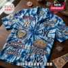 New York Yankees Tie Dye Hawaiian Shirt featuring blue and white fabric with multiple team logos, stadium, and text patches.