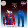 Newcastle Knights 2026 Red Blue Hoodie and Jogger Sports Set featuring sponsor logos, white hood, and brown elbow patches.