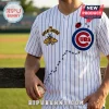 Noah Kahan Chicago Cubs pinstripe baseball jersey featuring The Great Divide moth and Chicago Cubs team logo embroidery.