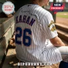Noah Kahan baseball jersey with blue pinstripes, the name KAHAN, number 26, and ant graphics on a white fabric background.!