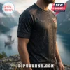Black athletic t-shirt featuring a Norse wolf graphic, Mjölnir patterns, text Vikig Ånd, and Norwegian flag patch.!
