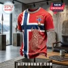 Norway flag t-shirt featuring a golden Viking warrior graphic, NORGE crest, and intricate embossed knotwork patterns.!
