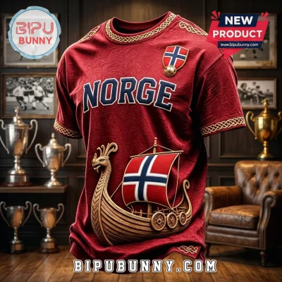Norway Viking Ship Maroon Embroidered T-Shirt