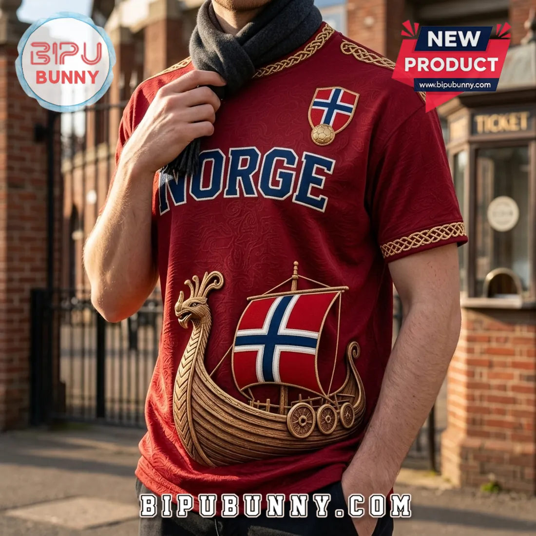 Norway Viking Ship Maroon Embroidered T-Shirt Norway Viking Ship Maroon Embroidered T-Shirt