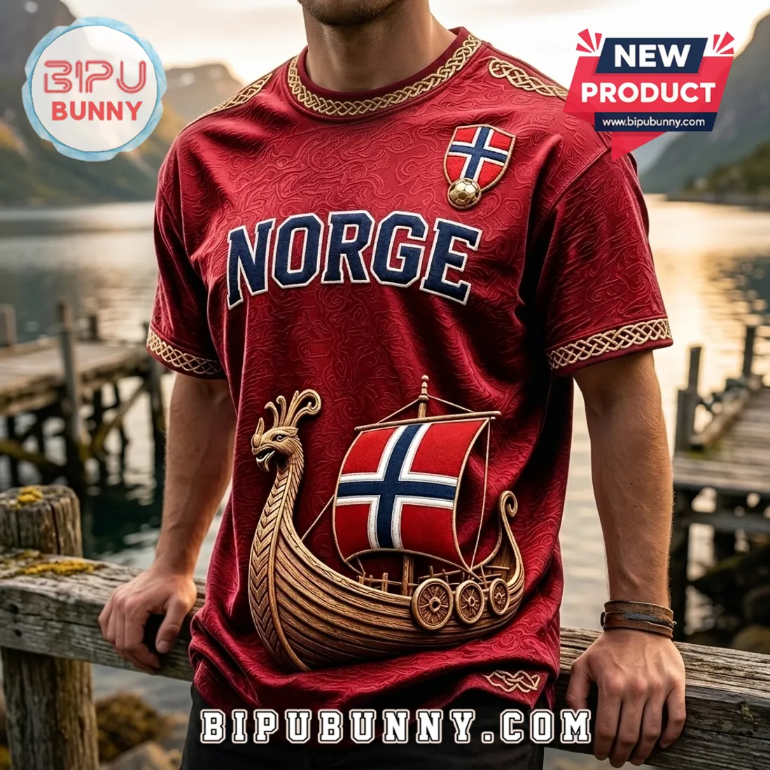 Norway Viking Ship Maroon Embroidered T-Shirt Norway Viking Ship Maroon Embroidered T-Shirt