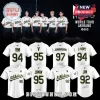 White Athletics style baseball jerseys featuring BTS member names RM, V, Jungkook, J-Hope, Jimin, and Jin with jersey numbers.!