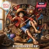 One Piece Luffy Personalized Wall Clock featuring Luffy, a straw hat, pirate ship, treasure, and custom name engraving.
