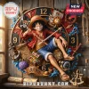One Piece Luffy Personalized Wall Clock featuring Monkey D. Luffy sitting among treasure chests, pirate maps, and ship gear.