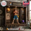 One Piece Luffy wooden display shelf with LED lighting, Straw Hat Pirate emblems, Wanted poster, and character key hooks.!
