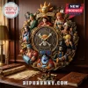 One Piece Straw Hat Pirates wall clock featuring resin figures of Luffy, Zoro, Nami, and crew on a dark wood background.!