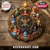 One Piece Straw Hat Pirates resin wall clock featuring Luffy, Zoro, Nami, and crew on a dark wooden table background.!