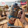 One Piece 30th anniversary matte blue tumbler featuring a relief sculpted ship, straw, and Straw Hat Pirates emblem.!
