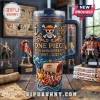 One Piece 30th anniversary matte blue stainless steel tumbler with straw featuring Straw Hat ship and skull emblem.!