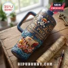 One Piece 30th anniversary matte blue tumbler featuring embossed Thousand Sunny ship, skull logo, and nautical scroll art.!