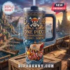 One Piece 30th anniversary embossed blue metal tumbler with straw, featuring the Straw Hat pirate ship and skull logo.!