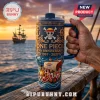 Blue insulated tumbler with One Piece 30th Anniversary branding featuring a pirate ship, skull logo, and nautical reliefs.!