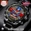 Custom Optimus Prime skeleton watch with black metal band, visible gears, blue Autobot head, and name customization field.!