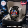 Black stainless steel Optimus Prime watch with skeleton gear face, gold hands, and customizable text in a display box.!