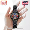Black stainless steel wristwatch featuring a Transformers Optimus Prime graphic face with customizable name plate area.!
