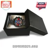 Customizable Transformers themed wristwatch with black metal band inside a black cardboard presentation box.!