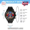 Black stainless steel wristwatch featuring an Optimus Prime graphic dial with gold hands and customizable text area.!