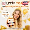 Crochet toast plushie held by a woman wearing a gold party hat against a background of gold balloons and streamers.!