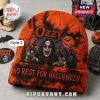 Ozzy Osbourne Halloween Beanie Hat 2026 featuring a graveyard scene, orange tie-dye knit, and text reading No Rest For Halloween.