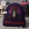 Ozzy Osbourne Halloween Beanie Hat 2026 featuring purple knit fabric, crown portrait embroidery, and red text detail.
