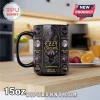 Ozzy Osbourne Stained Glass Ceramic Mug featuring gothic bat artwork, rock imagery, and purple stained glass patterns.