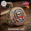 Gold Pantera band ring featuring a skull, crossbones, guitar, weed leaf, colorful gemstones, and Getcha Pull engraving.!