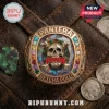 Pantera commemorative ring with skull emblem, iridescent glass center, multicolored gems, and Getcha Pull engraving.!
