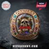 Gold Pantera championship ring featuring a skull, crossbones, rainbow-colored gemstone, and colorful side stones.!