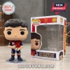 Pau Cubarsi Spain 2026 World Cup vinyl figure wearing a red and blue jersey while holding a silver trophy next to its box.