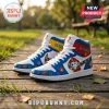 Paw Patrol custom white high-top sneakers with blue accents, Marshall character art, and puzzle piece patterns.!