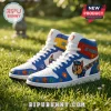 Paw Patrol themed high-top sneakers with Chase character, puzzle piece patterns, and blue, white, and red leather panels.!