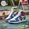 Paw Patrol themed high-top sneakers with blue, white, yellow, and red leather, puzzle piece swooshes, and cartoon characters.!