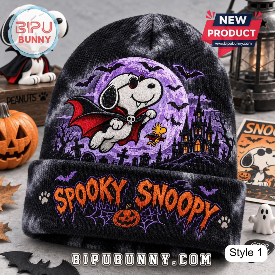 Peanuts Spooky Snoopy Tie-Dye Halloween Beanie Hat Peanuts Spooky Snoopy Tie-Dye Halloween Beanie Hat