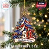 Personalized 250 Patriotic American Flag Christmas ornament with star and snowflake details hanging on a pine tree branch.
