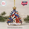 Personalized 250 Patriotic American Flag Christmas ornament with star topper, snowflakes, and custom family name banner.