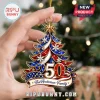 Personalized 250 Patriotic American Flag Christmas ornament with star tree topper, snowflake accents, and family name.