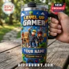 Personalized stainless steel travel tumbler featuring pixelated gaming characters, text reading LEVEL UP GAMER and YOUR NAME.!