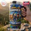 Stainless steel tumbler with Roblox-inspired characters, blue pixelated background, and personalized text area.!