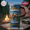 Stainless steel tumbler featuring Roblox characters, gamer text, and pixel art graphics with a customizable name field.!