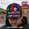 Philadelphia sports cap featuring Eagles, Phillies, 76ers, and Flyers logos with text Philadelphia For Life.!