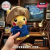 Pikachu plush toy wearing a brown felt hat and blue artist jacket holding a paintbrush and miniature paint palette.!