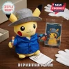 Pikachu plush toy wearing a grey felt hat and blue blazer holding a palette, standing next to a Van Gogh style card.!