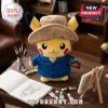 Pikachu plush wearing a tan corduroy bucket hat and blue button-down shirt, holding a paintbrush and miniature art palette.!