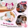 Pink crochet axolotl plush holding a sign with positive affirmations text, displayed alongside gift-giving lifestyle scenes.!